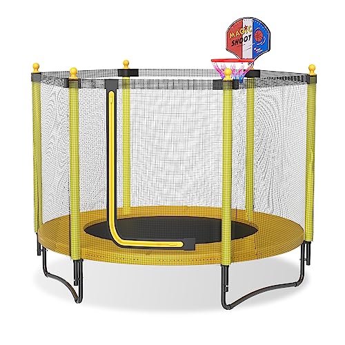 60" Kids Trampoline with Safety Enclosure Net, 5FT Toddler Indoor & Outdoor Trampoline/w Basketball Hoop