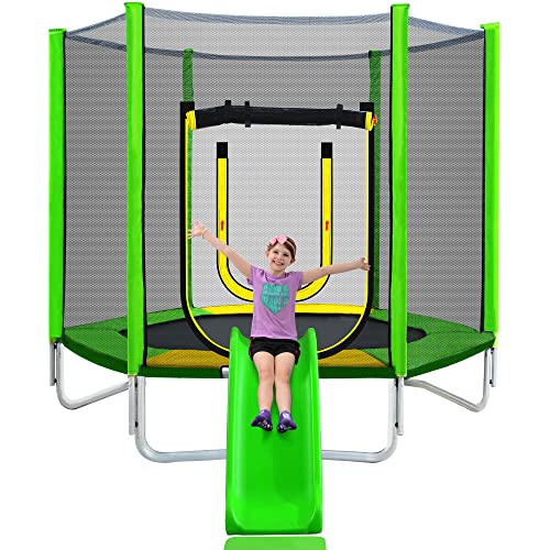 7FT Kids Trampoline with Safety Enclosure, Slide, and Ladder