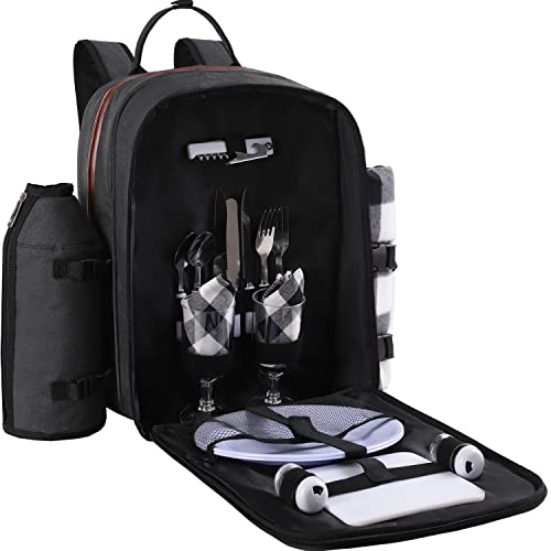 ALLCAMP OUTDOOR GEAR Picnic Backpack for 2 Person Set W/Detachable Bottle/Wine Holder, Fleece Blanket, Plates and Cutlery Set (Black)