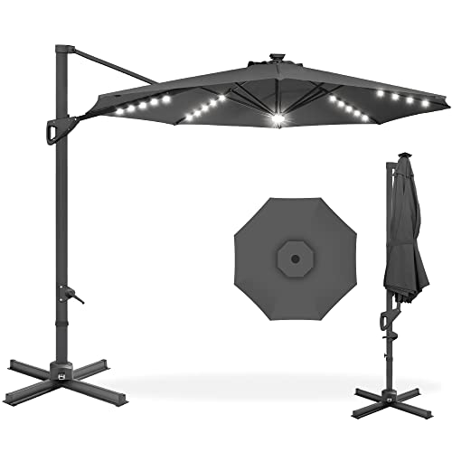 Best Choice Products 10ft Solar LED Cantilever Patio Umbrella, 360-Degree Rotation Hanging Offset Market Outdoor Sun Shade for Backyard, Deck, Poolside w/Lights, Easy Tilt, Cross Base - Gray