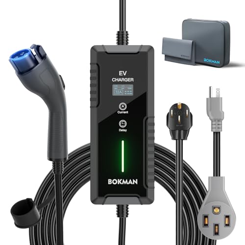 Bokman Portable Level 2 EV Charger with 25ft Cable and Current Adjustment
