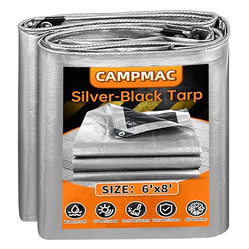CAMPMAC 6x8 Heavy Duty Waterproof Tarp, 14 Mil, Metal Grommets (Silver/Black)