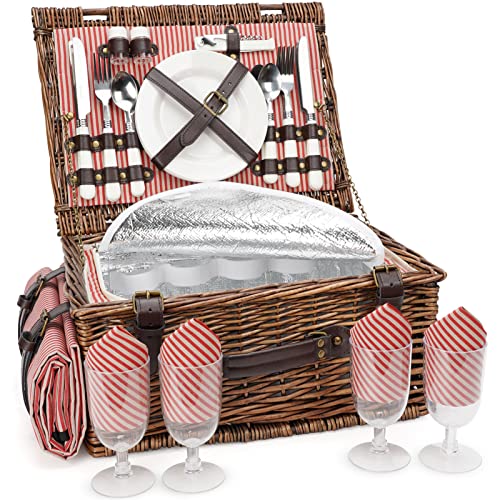 Classic Wicker Picnic Basket Set with Blanket & Cooler