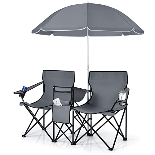 COSTWAY Portable Picnic Chair with Umbrella and Cooler Bag