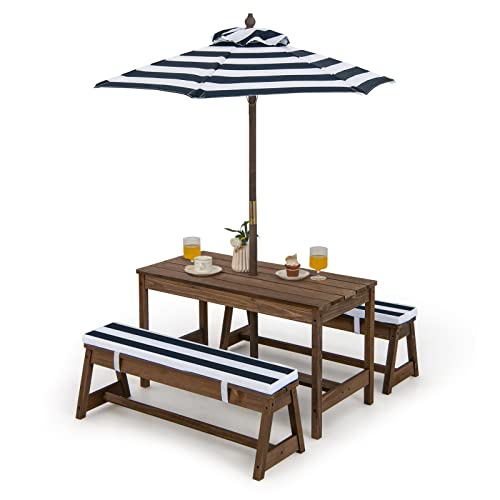 Costzon Kids Picnic Table and Chair Set with Umbrella (Blue)