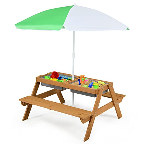 Costzon Kids 3-in-1 Sand & Water Picnic Table with Umbrella