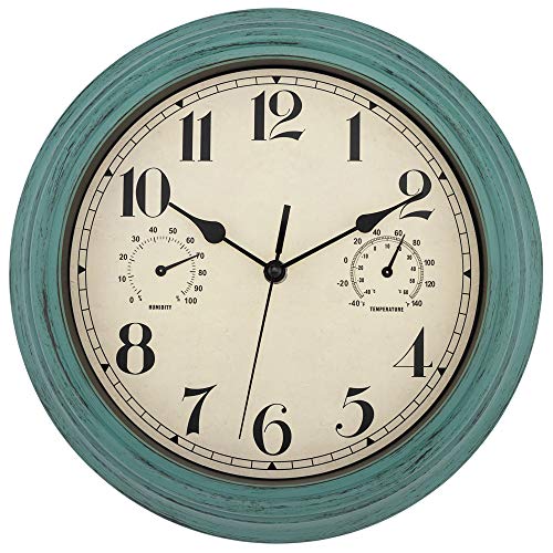Foxtop 12 Inch Retro Silent Non-Ticking Wall Clock with Thermometer and Hygrometer, Green