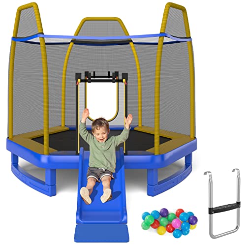 7 FT Kids Trampoline with Ladder, Slide & Net - Blue