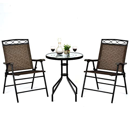 Giantex Round Glass Patio Dining Set w/ 2 Folding Chairs, Brown
