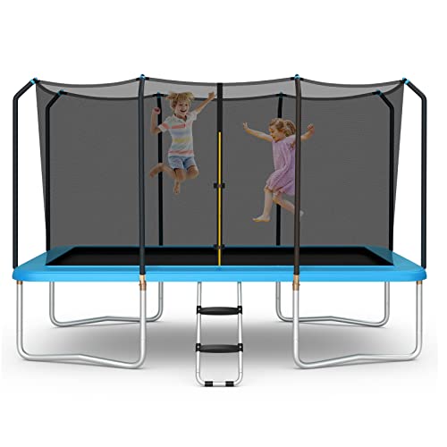 GYMAX 14FT Rectangular Trampoline with Enclosure Net & Ladder, Blue