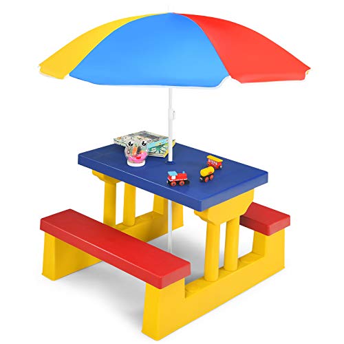 HONEY JOY Kids Picnic Table with Umbrella, Children Patio Furniture Set