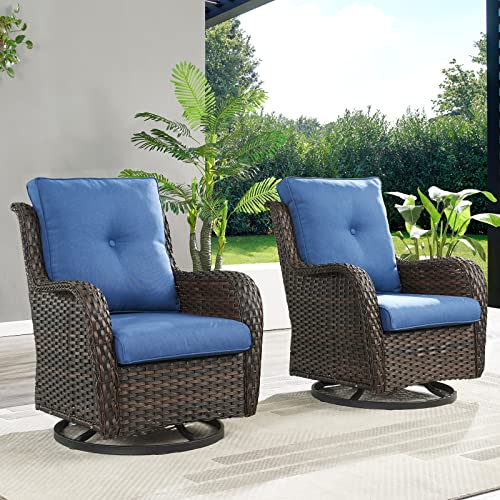 2-Piece Outdoor Wicker Swivel Rocker Patio Chairs Set, Brown/Blue