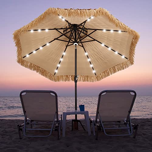 10FT Double Top Thatched Patio Umbrella with Solar LED Light