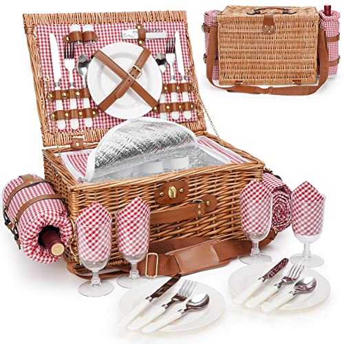 Insulated Willow Picnic Basket for 4 with Shoulder Strap