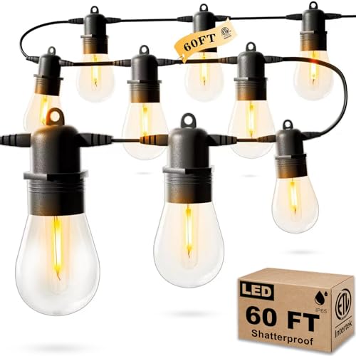 Jerritte 60FT LED Outdoor String Lights with 16 Edison Shatterproof Bulbs