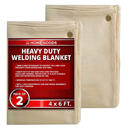 JJ CARE Welding Blanket - 850GSM 4ft x 6ft [Pack of 2] Heavy Duty Welding Blankets Fireproof with Brass Grommets, Fiberglass Welding Curtain, Fire Retardant Welders Blanket, Welding Shield