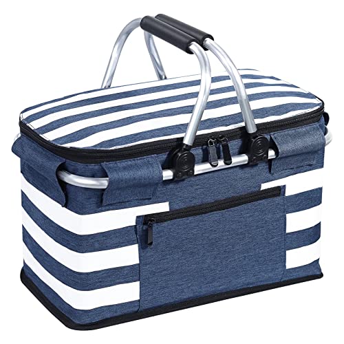 KEFOMOL Collapsible Insulated Picnic Basket - 26L Grocery Cooler with Lid - Blue