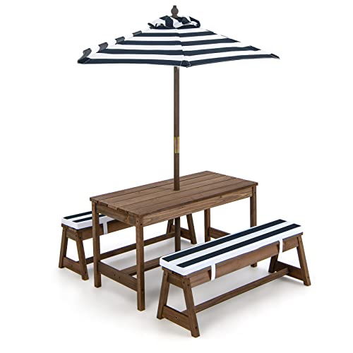 KOTEK Kids Foldable Picnic Table with Umbrella, Wooden Bench Set