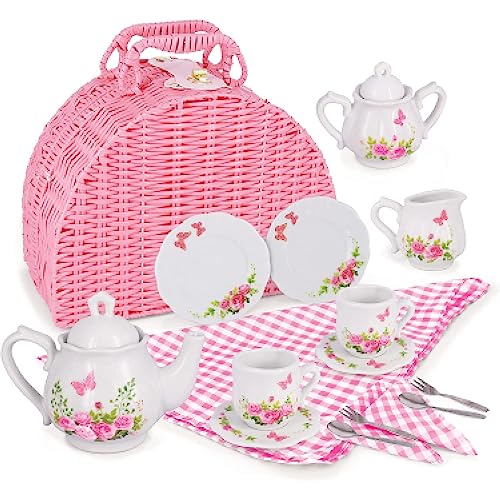 Little Girls Porcelain Tea Set with Pink Picnic Basket