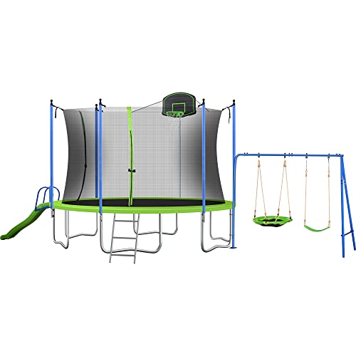 Livspace 12FT Trampoline Set with Swing, Slide, Basketball Hoop - Green