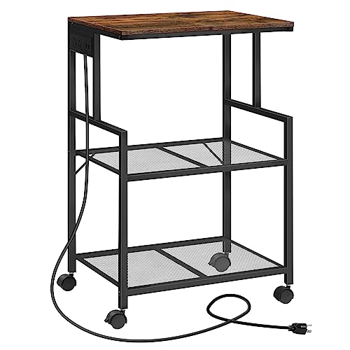 3-Tier Industrial Printer Cart with Power Outlets and USB Ports, Rustic Brown