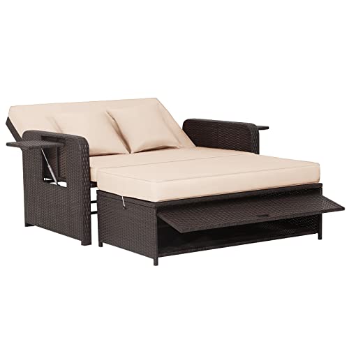 Patio Rattan Daybed with Multipurpose Ottoman & Retractable Side Tray
