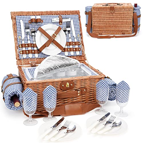 Insulated Willow Picnic Basket for 4 with Waterproof Blanket