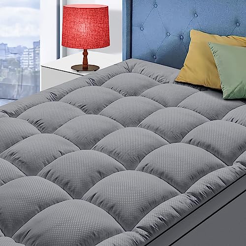 Plush Pillow Top King Size Mattress Topper, Cooling & Supportive, Dark Grey