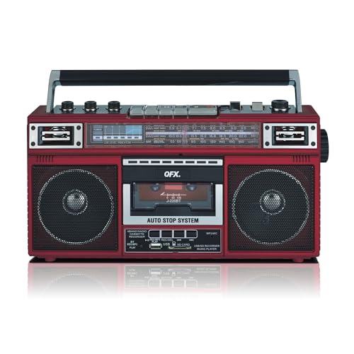 QFX J-220BT Red Boombox: Bluetooth MP3 Conversion, 4-Band Radio, Dual Speakers