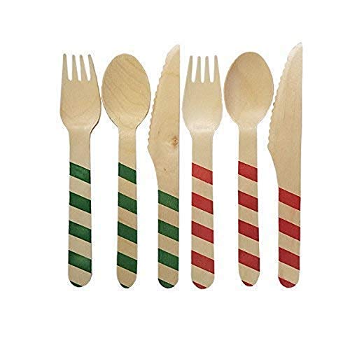 Red & Green Holiday Striped Wooden Cutlery