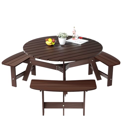 RITSU 6 Person Wooden Picnic Benches with Umbrella Hold, Brown