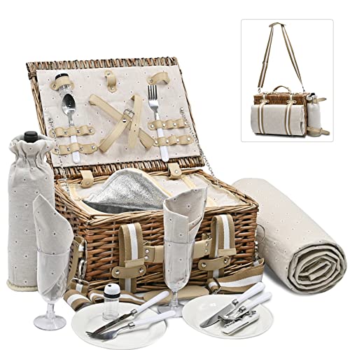 Romantic Picnic Basket for 2 with Insulated Liner and Waterproof Blanket