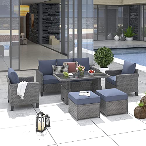 SUNSITT 6-Piece Wicker Patio Furniture Set in Grey and Denim Blue