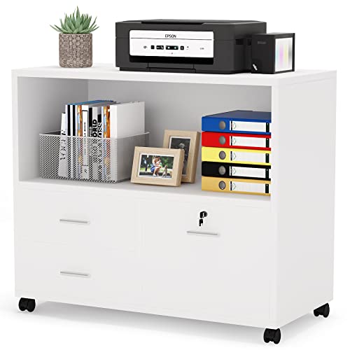 White 3-Drawer File Cabinet with Lock & Rolling Wheels