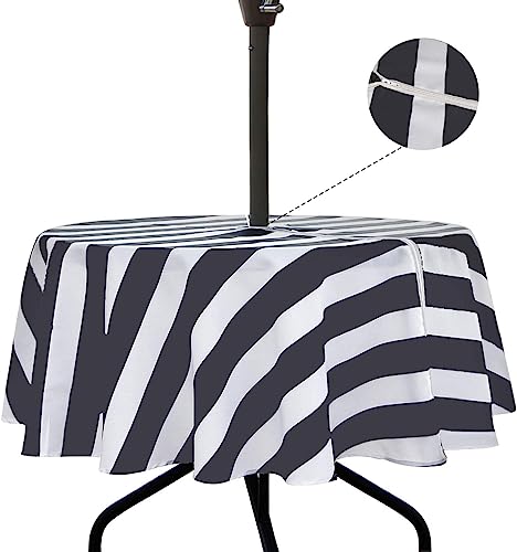 Waterproof Outdoor Picnic Tablecloth, 60 Inch Round, Black/White Stripe