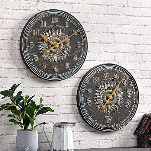 Verdigris Sunflower Outdoor Clock & Thermometer Set