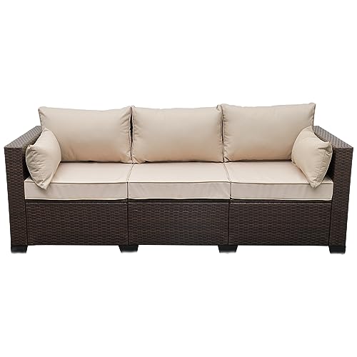 WAROOM 3-Seat Outdoor Brown Wicker Sofa with Beige Cushion