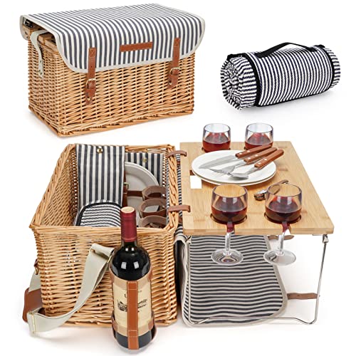 Wicker Picnic Basket with Blanket and Wine Table for 4