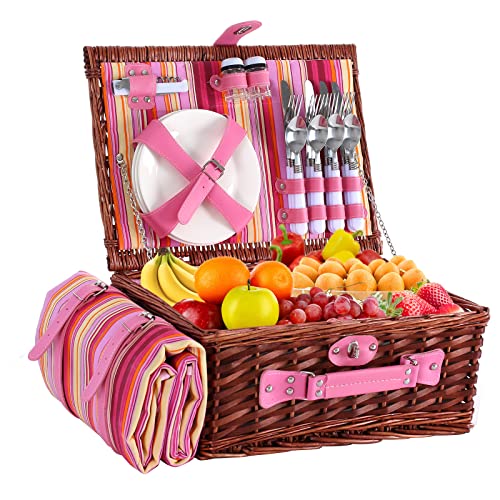Wicker Picnic Basket for 4 with Blanket and Insulated Cooler