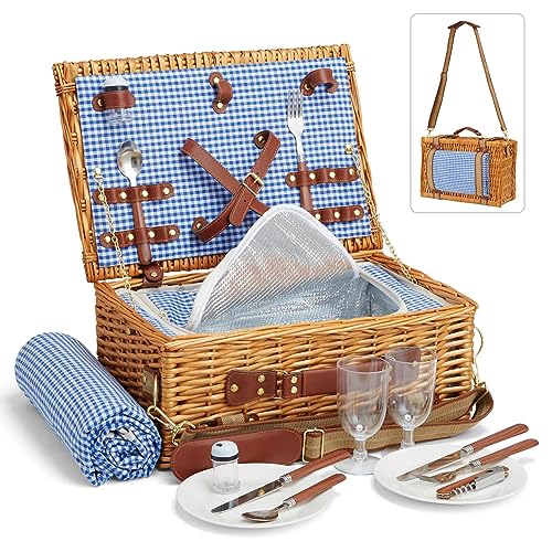 Wicker Picnic Basket Set with Cooler Compartment for 2