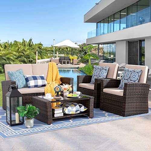 Wicker Rattan Sectional Sofa Couch with Glass Coffee Table