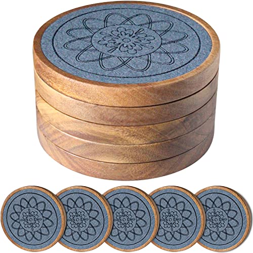 Wooden Absorbent Coasters with Non-Slip Pads - Set of 5
