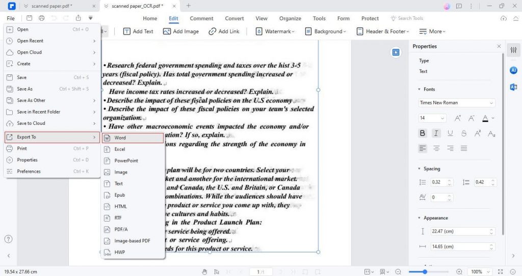 export pdf to word format