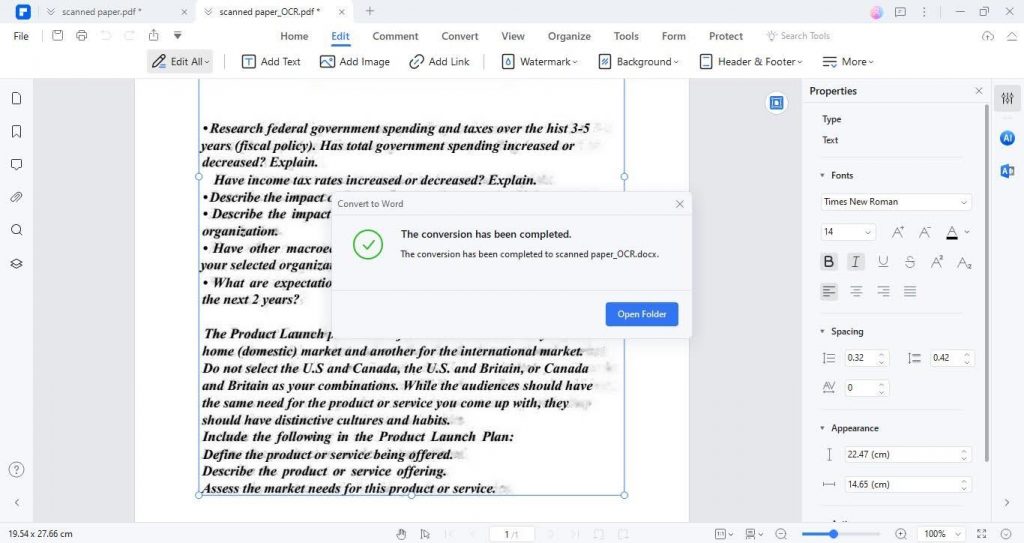 successful pdf to word conversion