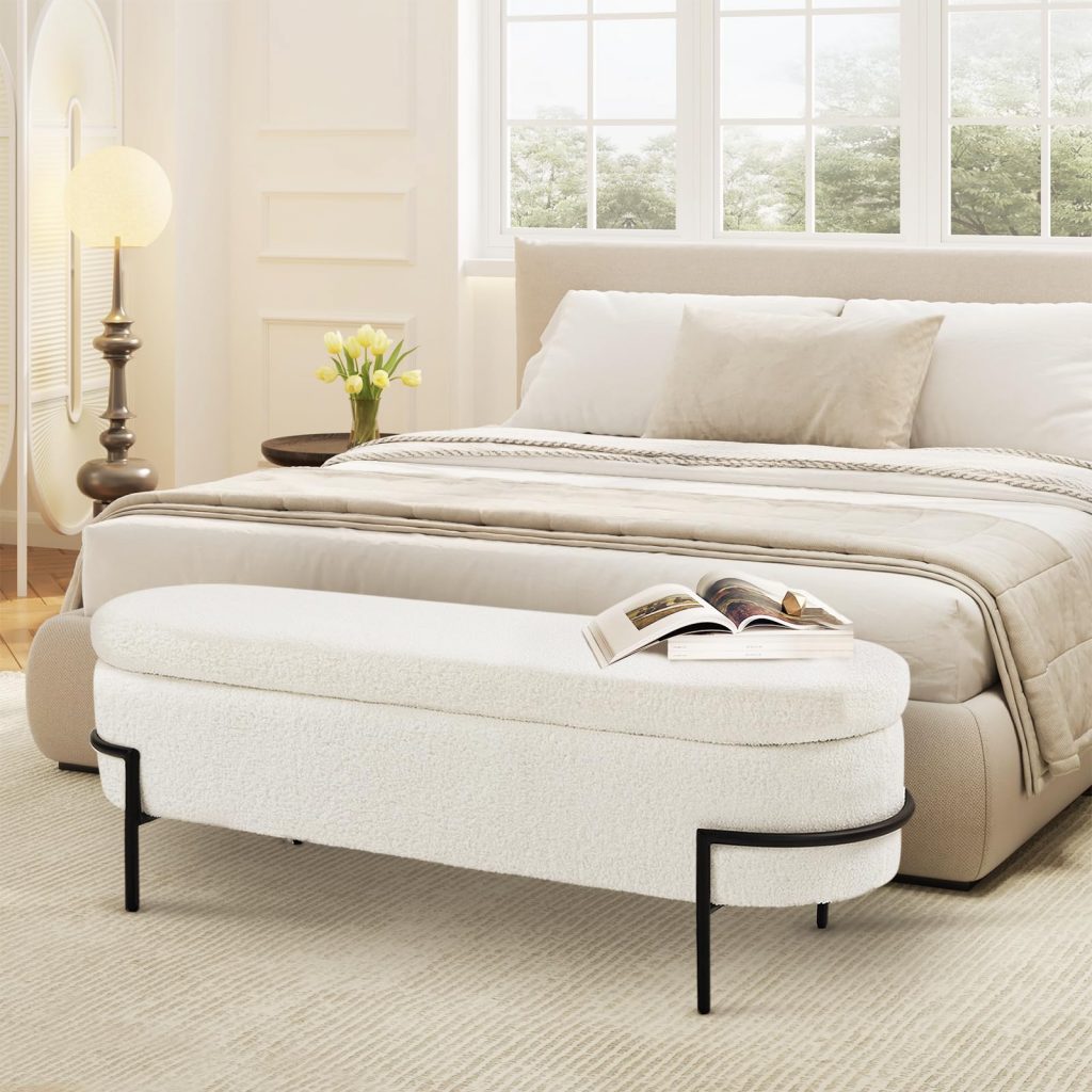 1. Modern White Storage Ottoman Bench With Metal Stand For Living Room