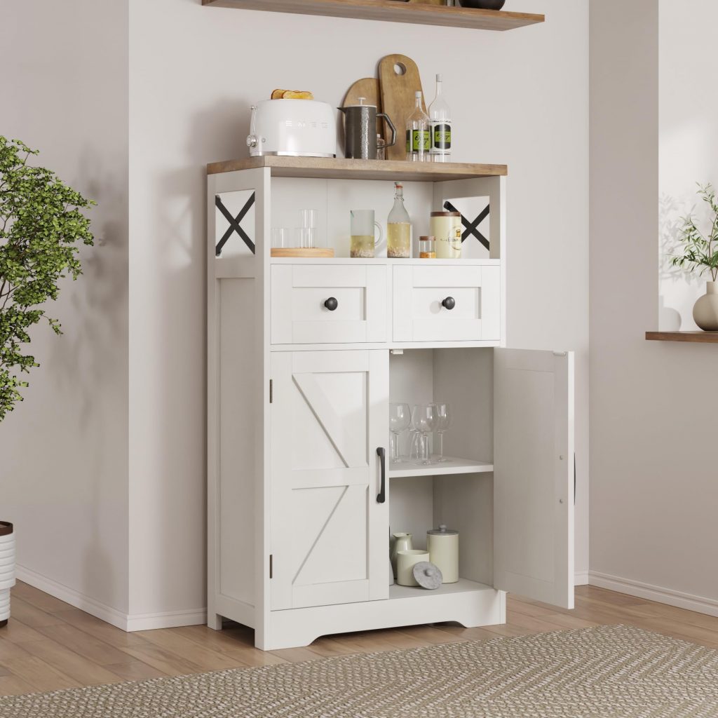 6. Farmhouse White Storage Cabinet With Doors And Drawers